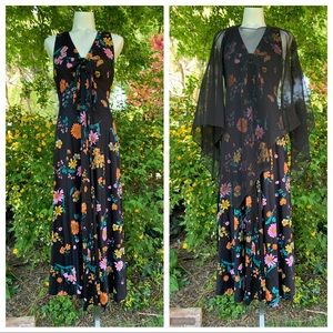 Vintage 70’s Floral Maxi Dress w/ Sheer Cape Black